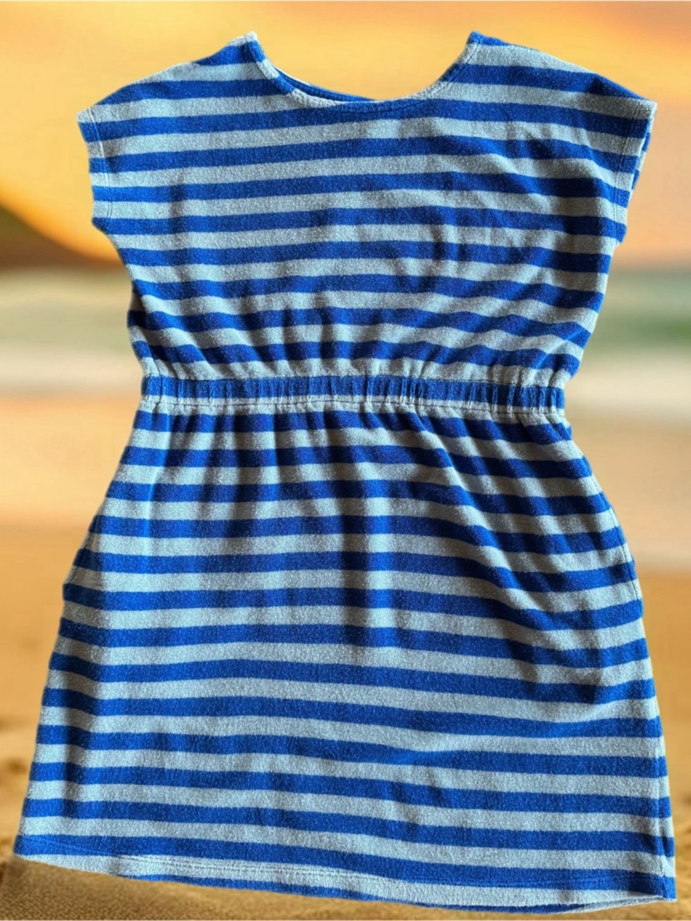 Hanna Andersson Terry Cloth Cover-Up Dress Blue Stripe Size 12 Pool Beach
